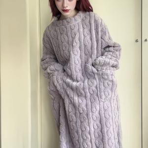 TEMU 1개 플러시 코랄 로브 - 겨울용 롱 오버사이즈 긴팔 기모노 잠옷, 포켓 포함, 두꺼운 따뜻한 파자마 드레스, 세탁기 사용 가능한 루즈핏 나이트가운 (없음)