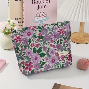 TEMU 여성용 대용량 보라색 라일락 플로럴 프린트 메이크업 파우치 - 브러쉬 홀더 포함 다기능 여행용 화장품 정리함, 핑크/그린/라벤더 토트 스타일 세탁 가능 폴리에스터 케이스, 학생, 크리스마스 및 선물용