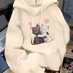 TEMU 여성용 보라색 후드 스웨트셔츠, 귀여운 고양이 & 하트 프린트 - 포근한 긴소매 풀오버, 캥거루 포켓, 캐주얼 겨울 따뜻함, 세탁기 사용 가능