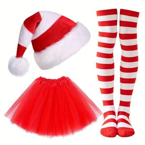 TEMU 유니크한 캐릭터 드레스업 이벤트를 위한 모자, 스타킹, 스커트를 포함한 크리스마스 엘프 의상 3종 세트