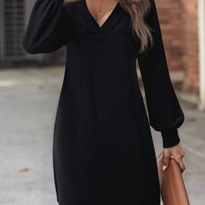 TEMU 여성용 우아한 블랙 V넥 랜턴 슬리브 드레스, 퍼프 슬리브 & A라인 실루엣 - 긴팔 겨울 파티 드레스, 루즈핏 라운드넥 숏丈