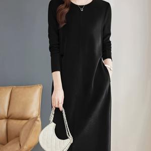 TEMU 여성용 우아한 버건디(진보라) 긴소매 A라인 드레스 - 미디엄 캐프 길이, 미드센추리 스타일, 라운드넥 겨울 파티 웨딩 게스트 드레스, 핸드워시/드라이클리닝 가능 (벨트 미포함)