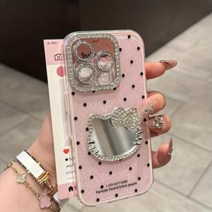 TEMU KT 고양이 메이크업 거울이 있는 물방울 무늬 디자인과 고급스러운 렌즈가 특징인 스타일리시한 휴대폰 케이스. 부활절, 할로윈, 새해, 크리스마스 선물로 완벽합니다. 친구와 가족을 위한 이상적인 선물이며, 아이폰 11 Pro Max, 12와 호환됩니다.|폰케이스|아이폰케이스|케이스