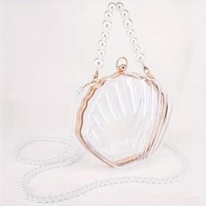 TEMU 캐주얼 아크릴 진주 비즈 장식 껍질 크로스바디 백, 탈착 가능한 스트랩, 버클 잠금 장치가 있는 투명 무안감 클러치, 보안 검색대 통과 가능한 패션 액세서리