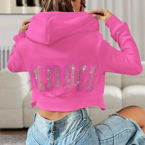 TEMU 여성용 반짝이는 라인스톤 장식 '엔젤' 백 레터링 후드티 - 버건디 라인스톤 후드 재킷, 중간 신축성 봄/가을 아우터웨어, 손세탁 가능 캐주얼부터 파티웨어 (드라이클리닝 금지) - A4001 스타일