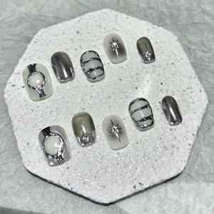 TEMU 10개 수제 메탈 스타일 핫 네일 쿨 숏 네일 액세서리 + 1 젤리 스티커 + 1 네일 파일, 참고: 접착제 미포함|네일스티커