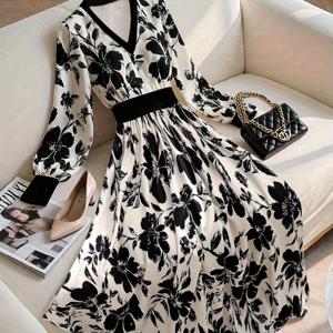 TEMU 여성용 패션 심플 플로럴 프린트 긴팔 드레스 봄 가을 QL25