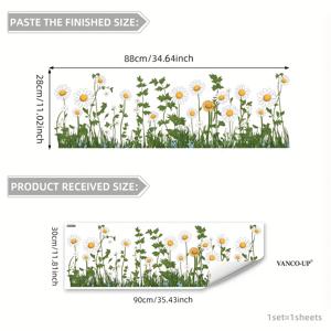 TEMU 1팩 대형 플로럴 벽 스티커 - 모던 팜하우스 데이지 벽지 느낌의 테두리 장식, 거실·침실·주방용 쉽게 붙였다 떼는 PVC 바닥 보호매트 (30x90cm/1x3ft) - 화이트 & 그린 플로랄 디자인, 현대적 스타일, 쉬운 접착 데코