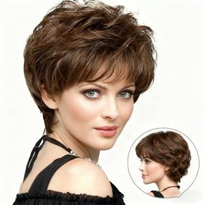 TEMU 여성용 짧은 곱슬 가발 - 내열성 합성 섬유 헤어피스, 옆머리 포함, 브라운/블론드/레드 - 스타일링 및 관리 용이, 데일리, 할로윈, 크리스마스, 코스프레에 적합 - 룩 & 필, 할로윈 코스튬, 코스프레 액세서리, 푹신한 질감