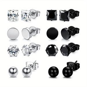 TEMU 8 쌍 6mm 심플 베이직 스테인리스 스틸 스터드 귀걸이, 합성 큐빅 지르코니아, 저자극성, 작은, 스틸 바늘 포함, 여성, 남성, 소녀, 트라거스, 연골