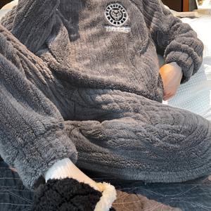 TEMU 남성 캐주얼 따뜻한 열 잠옷 세트, 긴 소매 크루 넥 셔츠 & 신축성 있는 허리 루즈 팬츠 플란넬 라운지 착용, 봄 가을 홈 실내 세트|잠옷|냉장고바지|셔츠