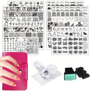 TEMU 21개 네일 스탬프 플레이트 세트 16개 혼합 디자인 스탬핑 네일 아트 플레이트 + 2개 네일 스탬퍼 + 2개 스크레이퍼 + 1개 케이스 네일 아트 스탬핑 플레이트 스크레이퍼 스탬퍼 세트 깃털 나비 네일 플레이트 DRDS-L001-0016