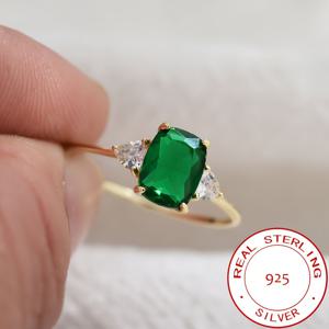 TEMU 엘레강트 스타일 925 스털링 실버 링, 합성 그린 스톤, 14K 골드 도금, 기하학적 디자인, 여성용 고품질 주얼리, 일상 착용 및 선물용으로 이상적, 1.3g