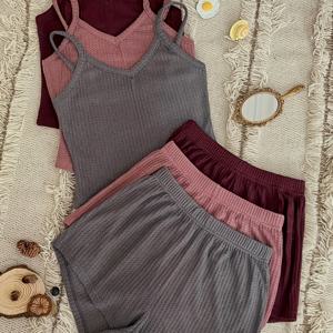 TEMU 여성용 캐주얼 파자마 세트 3세트, 플러스 사이즈 단색 와플 니트 V넥 캐미 탑 & 반바지 루즈 6조 세트