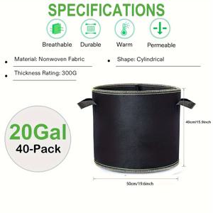 TEMU 40개 헤비듀티 논-우븐 패브릭 식물 재배 가방 - 3/5/7/10/15/20 갤런 사이즈, 채소·꽃·과일용 통기성 실내외 정원 침대, 내구성 있는 블랙 플랜터, 감자·당근·양파·허브용, 튼튼한 핸들 디자인, 강화된 스티칭, 홈 가드너를 위한 야외 가드닝|가방|화분
