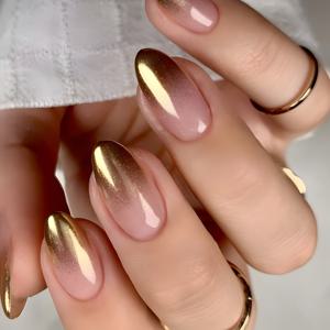 TEMU 24개 중간 크기 타원형 프레스온 네일 핑크 그라데이션 프렌치 스타일 네일 광택 인공 손가락 매니큐어 손톱