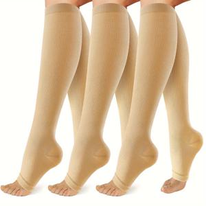 TEMU 여성과 남성을 위한 3 쌍의 구리 압축 양말, 러닝, 등산, 사이클링, 요가를 위한 오픈 토우 칼라 하이 지원 양말 - 베이지, 나일론 75.0%, 폴리에스터 25.0%, 니트 소재, 340g/m², 기계 세척 가능, 사이클링 액세서리 | 오픈 토우 양말 | 내구성 있는 구조