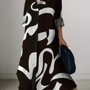 TEMU 여성용 우아한 긴팔 드레스 - 블랙 & 화이트 추상 스위들, 버튼 앞면 클로저, 봄/가을, 사무실, 파티, 일상복을 위한 매력적인 루즈핏 - 여성용 포멀 & 캐주얼 복장, 오피스룩, 스타일리시한 의상, 패션 애호가, 여성 원피스 여름, 여름원피스, 파티드레스, 원피스 여름, 홀복원피스, 원피스 가을