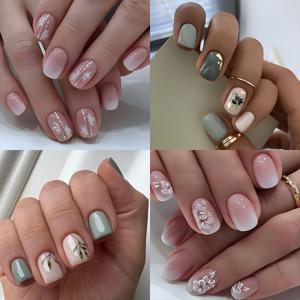 TEMU 4개입 (96개) 광택 숏 스퀘오벌 프레스온 네일 핑크 그라데이션 & 플라워 인조 네일 여성용 매니큐어 손톱 (그린/핑크), , 빠른 네일 솔루션,광택 마감,스타일리시 네일,내구성 있는 프레스온,재사용 가능한 못,네일 연장,프레스 온 매니큐어,트렌디 매니큐어,패션 네일