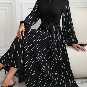 TEMU 여성용 우아한 긴팔 A라인 드레스 - 하이넥 기하학 프린트 블랙 & 화이트, 봄 여름 가을용 세탁기 사용 가능 논스트레치 원단, 캐주얼부터 포멀까지 다재다능한 롱 슬리브 맥시 드레스, 고급스러운 스타일, 고품질 텍스타일