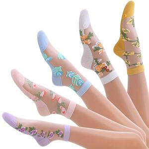 TEMU 5 켤레 꽃무늬 레이스 메쉬 양말, 달콤한 여름 얇은 통기성 미드 튜브 양말, 여성 스타킹 및 양말