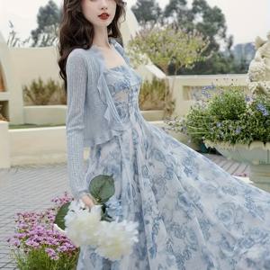 TEMU 우아한 플로럴 프린트 스트랩 드레스 세트, 롱슬리브 러플 트림 오픈 프런트 리브 니트 가디건 & 스퀘어 넥 슬리브리스 A라인 드레스 아웃핏, 여성 의류|나시원피스|민소매원피스