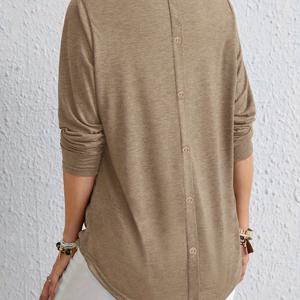 TEMU 플러스 사이즈 단색 버튼 백 커브드 헴 티셔츠, 캐주얼 롱슬리브 크루넥 탑 스프링 & 가을, 여성 플러스 사이즈 의류