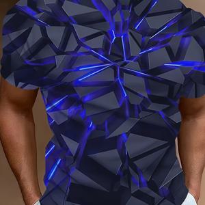 TEMU 남성용 3D 프린트 추상 힙합 그래픽 티셔츠 - 생동감 있는 블루 & 블랙 기하학적 디자인, 반팔, 라운드 넥, 캐주얼 스트리트웨어, 폴리에스터 혼방, 세탁기 사용 가능, 힙합 티셔츠