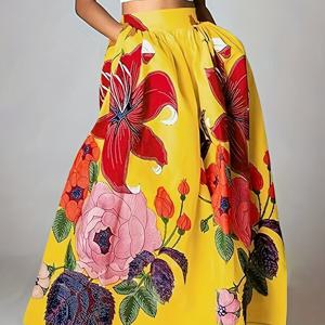 TEMU 플로럴 프린트 하이 웨이스트 스커트, 휴가 스타일 A라인 맥시 스커트, 봄 & 여름, 여성 의류