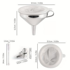 TEMU 4개 스테인리스 스틸 깔때기 (13cm/5.12in) 2개의 분리 가능한 필터 및 청소 브러시 포함, 200메쉬 식품 필터 주방 깔때기, 병 채우기에 매우 적합, 액체, 오일, 잼, 주스, 와인, 커피, 건조 재료 및 분말, 우유 식품 깔때기
