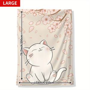TEMU 부드럽고 따뜻한 기념 담요: 고양이와 벚꽃 무늬, 낮잠, 캠핑, 여행, 가정 장식에 완벽 - 대, 중, 소 사이즈 제공
