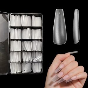 TEMU 롱 코핀 젤 네일 폴리쉬 세트, 600개 롱 포인트 패션 풀 매트 젤 네일 키트, 풀 커버리지 투명 아크릴 네일 팁, 프리쉐이프드 및 에칭 코핀 프레스온 네일, 네일 연장 DIY용, 15가지 사이즈, 긴 뾰족한 못,풀 커버리지 네일 키트,뾰족한 네일 스타일, 그레이 미학,프리 쉐이핑 네일 팁,내구성 있는 Ac|젤네일|매니큐어|네일팁