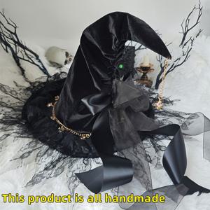 TEMU 수공예 레이스 마녀 모자와 밴디지 리본 - 할로윈 및 파티용 고딕 롤리타 스타일 코스프레 액세서리, 폴리에스터