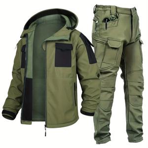 TEMU 2피스 남성용 아웃도어 캐주얼 스포츠 비틀 소프트쉘 재킷 세트, 가을/겨울 (액세서리 미포함), 멀티포켓 컬러블록 지퍼 후드 방풍 보온 쉘 + 스크래치 & 찢김 방지 멀티기능 카고 플리스 팬츠 – 일상용, 캠핑, 사냥, 트레킹, 등산, 사이클링, 낚시, 어드벤처 애호가에게 이상적