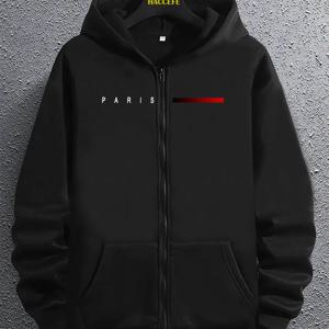 TEMU 남성용 캐주얼 패션 트렌드 파리 레터링 프린트 지퍼 후드 패턴 후드 스웨트셔츠, 남성용 탑