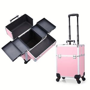 TEMU 캐주얼 스타일 메탈 롤링 메이크업 케이스, 텔레스코픽 핸들, 인라인 스케이트 이동성, 손세척 가능한 화장품 트레인 트롤리, 미용사 및 네일 아티스트를 위한 휴대용 여행 정리함 - 블랙