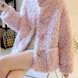 TEMU 1pc 우아한 여성용 인조 모피 코트 - 단색 털 외투, 버튼 디테일, 긴 소매, 일반 핏, 니트 원단, 비 늘어나는, 모든 계절 느슨한 H 라인 아우터 코트 외출용