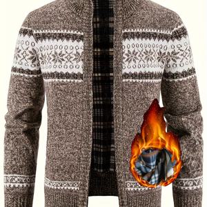 TEMU 남성 가을/겨울 스포츠 니트 가디건 스탠드 칼라 풀 지퍼 플로럴 패턴 기모 안감 긴소매 스웨터 (포켓 포함), 캐주얼 하이킹 야외 활동용 - 폴리에스터 니트 원단|스포츠