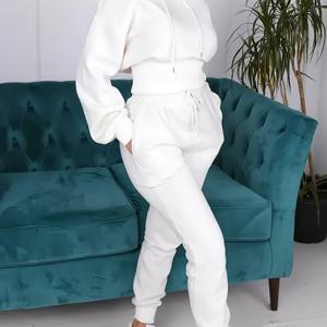 TEMU 여성용 캐주얼 솔리드 컬러 후드티 & 조거 세트 - 편안한 폴리에스터, 백색 후드 스웨트셔츠 드로스트링, 백색 조거, 올 시즌 편안함, 캐주얼 착용|후드 스웨트셔츠|폴리에스터