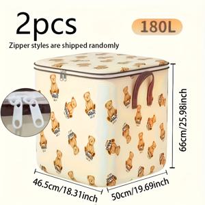 TEMU 2pcs 대용량 의류 보관 가방, 가을 및 겨울 계절 의류 보관 가방, 만화 곰 패턴 보관 가방, 지퍼 접이식 의류 보관 상자, 옷장 다기능 컨테이너
