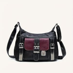 TEMU 여성용 빈티지 Y2K 패션 슬링 백, 블랙색상 블록 디자인, 캐주얼 모터사이클 디자인, 조절 가능한 어깨 스트랩, 지퍼 클로저, 폴리에스터 안감, 손목 액세서리, 엣지 페인트 디테일