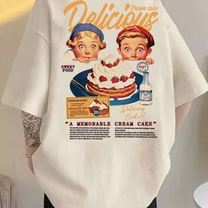 TEMU 남성 빈티지 1950년대 레트로 & 케이크 그래픽 티셔츠 - 콘 & 케이크 디자인의 레트로 50년대 티 - 성인 남성을 위한 부드러운 데일리 캐주얼 셔츠 - 빈티지, 향수 의류 | 장난기 넘치는 프린트 탑 | 편안한 착용감, 플러스 사이즈