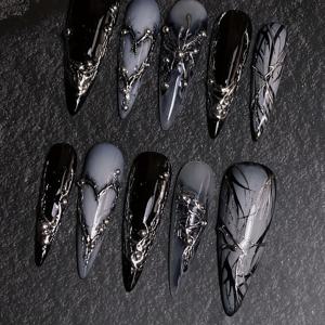 TEMU 10팩 여성용 핸드메이드 풀 커버 네일 팁, 재사용 가능한 롱 스타일레토 네일 아트, 블랙 기하학 크롬 마감, 광택 네일 세트, 드롭 모양, 롱 길이