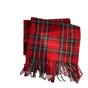TEMU 여성용 포근한 레드 체크 스카프 - 두꺼운 따뜻한 태슬 숄, 부드러운 폴리에스터 원단, 가을 & 겨울 파티에 완벽, 손세탁 또는 드라이클리닝 가능