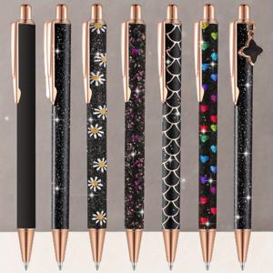 TEMU 7pcs 여성용 우아한 금속 볼펜, 중간 점 레트렉터ブル 만년필, 블랙 잉크 포함, 저널링, 비즈니스, 사무실 및 선물용으로 적합, 14세 이상 대상으로 적합합니다.