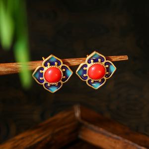 TEMU 우아한 빈티지 스타일 루이 스터드 귀걸이, 인조 남부 레드 자드 - S925 실버 니들, 파랑 & 보라색 에나멜 클루이송 디자인, 일상 착용 및 휴일 선물에 이상적, 중국 스타일, 4피스, 자드