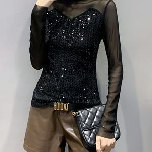 TEMU 여성용 우아한 시퀸 긴팔 탑 - 슬림핏 스트레치 블라우스, 스탠드업 칼라 & 도트 패턴, 세탁기 사용 가능 봄/가을 레이어링 필수 아이템, 텍스처 감각의 스프링 패션