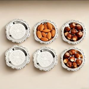 TEMU 6개 세트 튼튼한 메탈 트레이 | 건조 과일, 컵케이크, , 야채, 견과류에 적합 | 주철, 광택 금속 마감, 꽃 테마, 접촉에 이상적