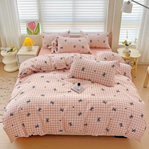 TEMU 3pcs 핑크 체크 리본 프린트 부드러운 스킨 프렌들리 침구 세트 (1 이불 커버 2 베개 커버, 인서트 없음) - 90g 폴리에스테르, 기계 세탁 가능, 지퍼 클로저, 내구성, 주름 방지, 올 시즌, 자카드 위브, 브러시드 피니시, 플랫 프린트, 폴리에스테르 커버, 홈 데코용 침구 키트