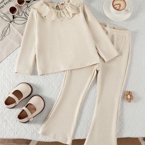 TEMU 여아 가을과 겨울 세트: 리브드 레이스 칼라 탑, 긴 소매, 패션 니트 단색 탄성 플레어 팬츠, 편안하고 다용도의 아우터웨어 투피스 아웃핏, 야외용